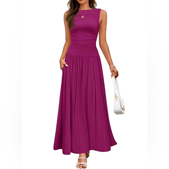 ZESICA Sleeveless Maxi Dress, Crewneck Pleated Flowy with pockets - Picture 1 of 7